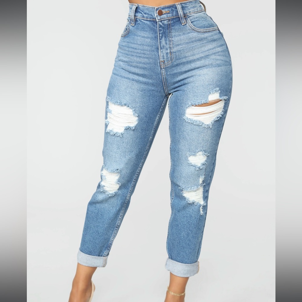 Medium blue wash distress mom jeans